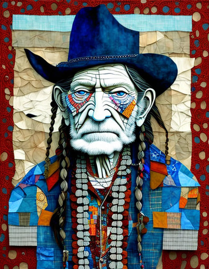 Colorful portrait of old man with blue hat and geometric face paint on patchwork background