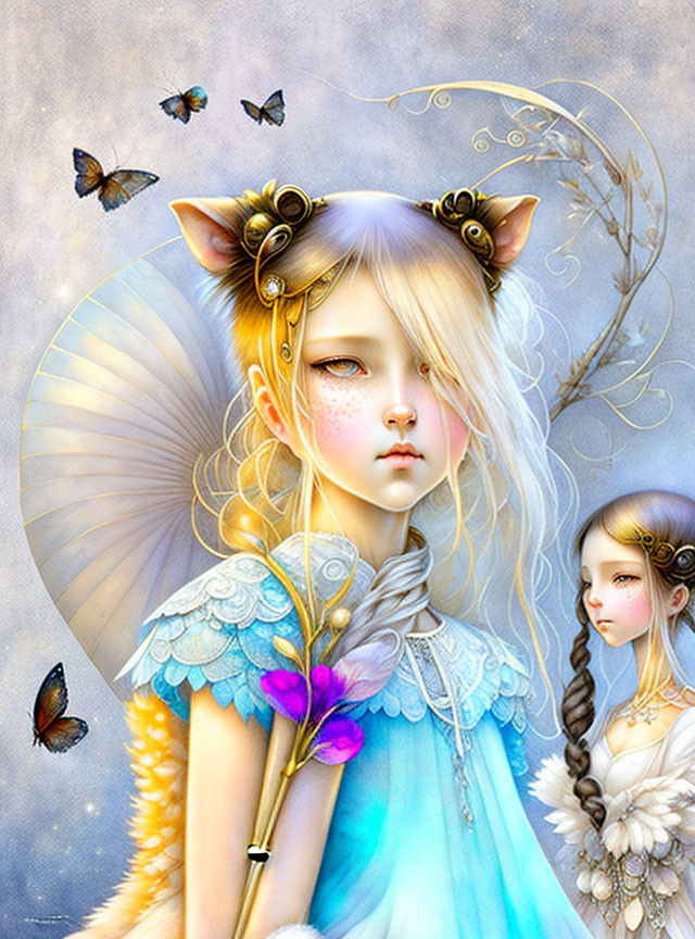 Ethereal girls with feline features and golden accessories surrounded by butterflies on dreamy backdrop