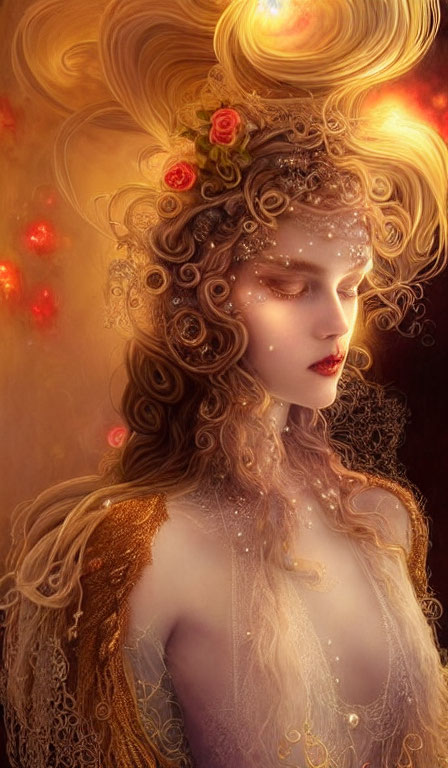 Fantasy Artwork: Woman with Elaborate Golden Hair and Roses