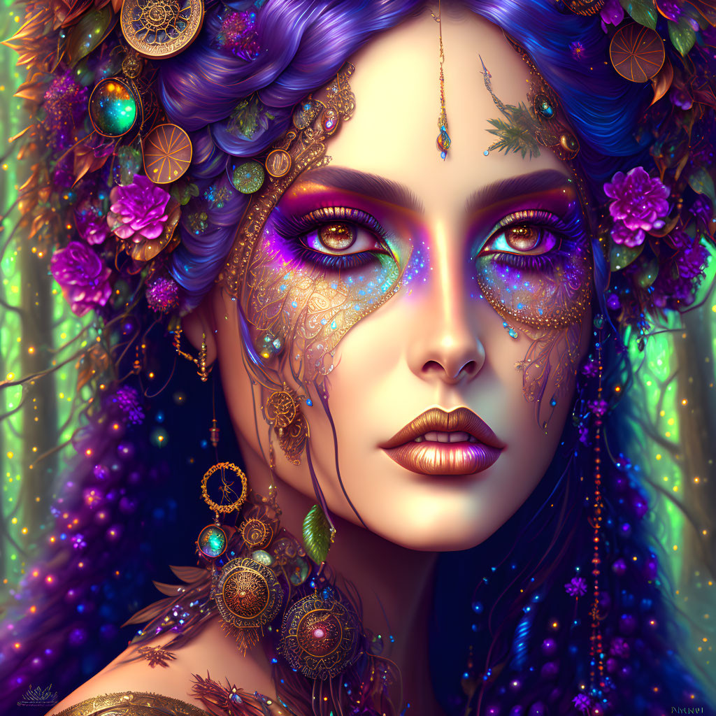 Colorful portrait of woman with gold jewelry and purple makeup