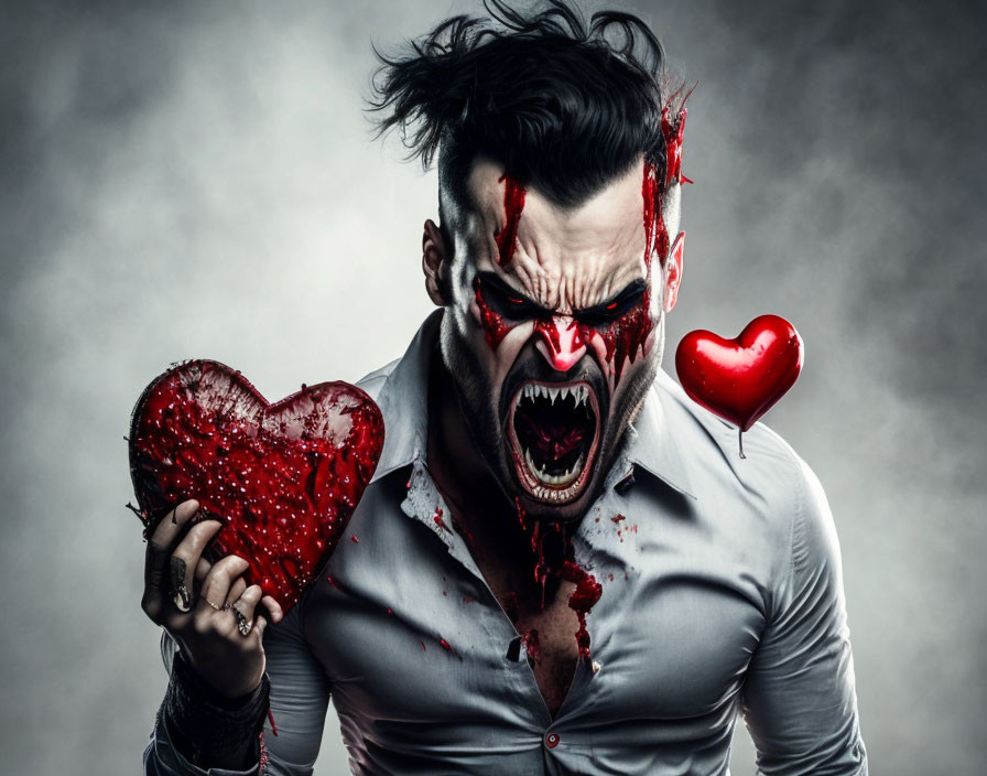 Man with blood-like makeup tearing red heart, red heart balloon nearby