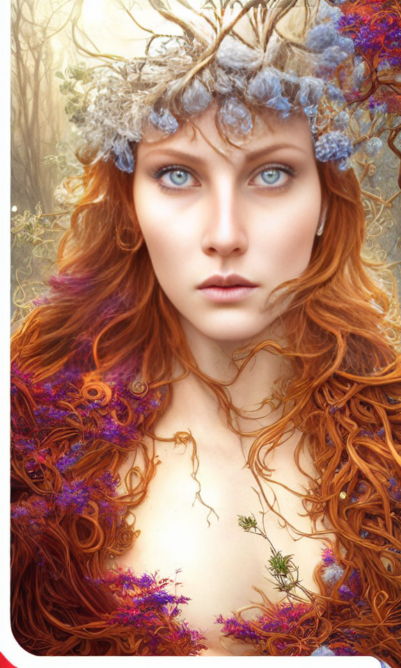 Vibrant red-haired woman in floral crown against mystical forest.