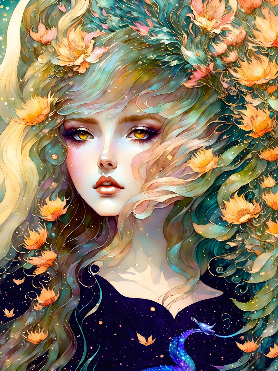 Illustration of woman with golden hair and orange flowers in front of starry sky