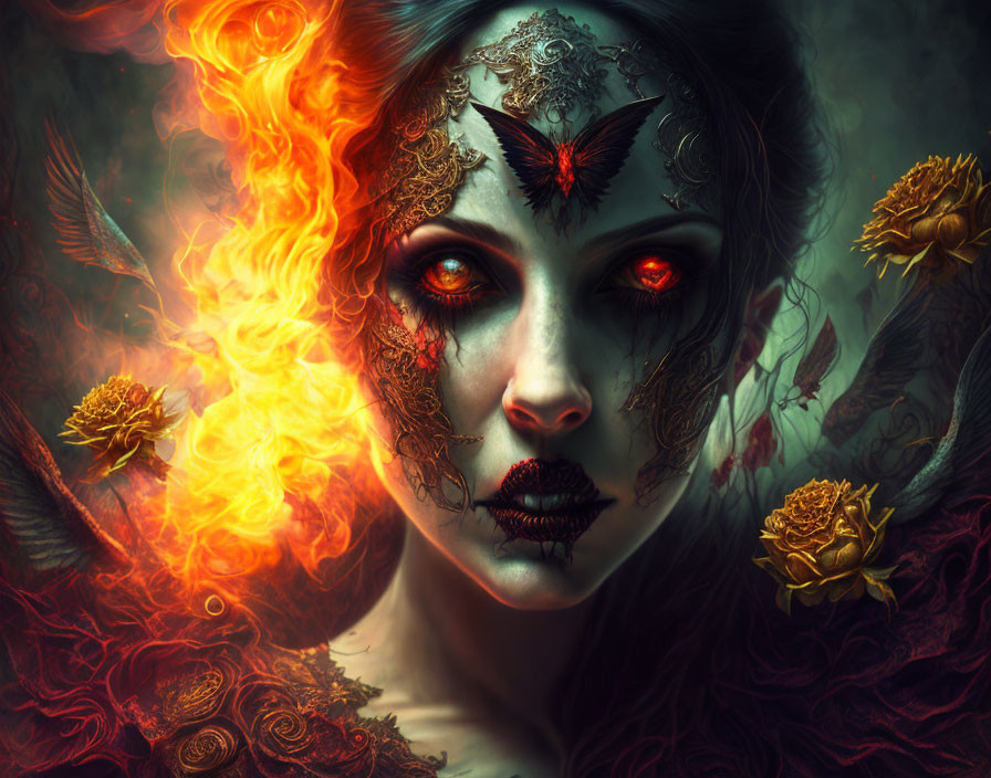 Fantastical woman with ornate facial designs and fiery wing, surrounded by dark floral motifs