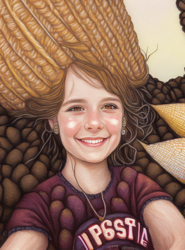 Smiling girl with brown eyes and curly hair in T-shirt with cartoon-like corn cobs