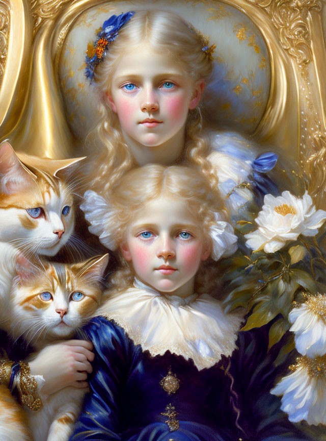 Portrait of girl with blue eyes, blonde hair, flowers, two cats on golden background