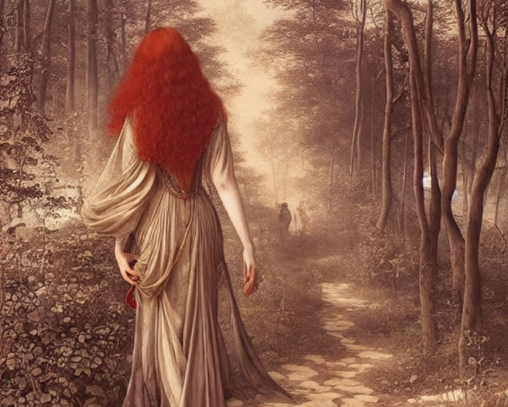 Woman with Long Red Hair in Flowing Dress Standing on Cobblestone Path in Tranquil Forest