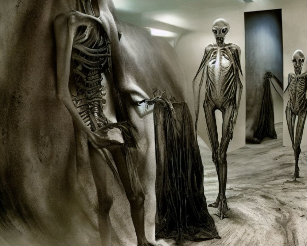 Three skeletal alien figures in dimly lit corridor