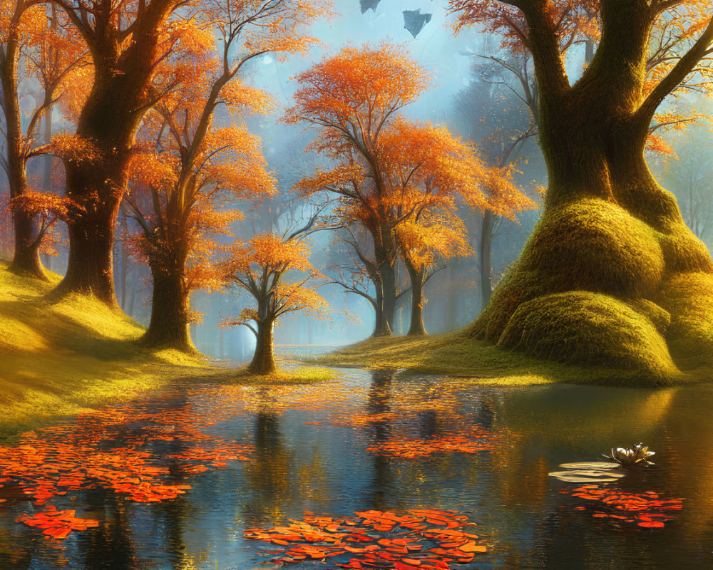 Tranquil autumn forest with golden foliage, pond, fallen leaves, and soft light