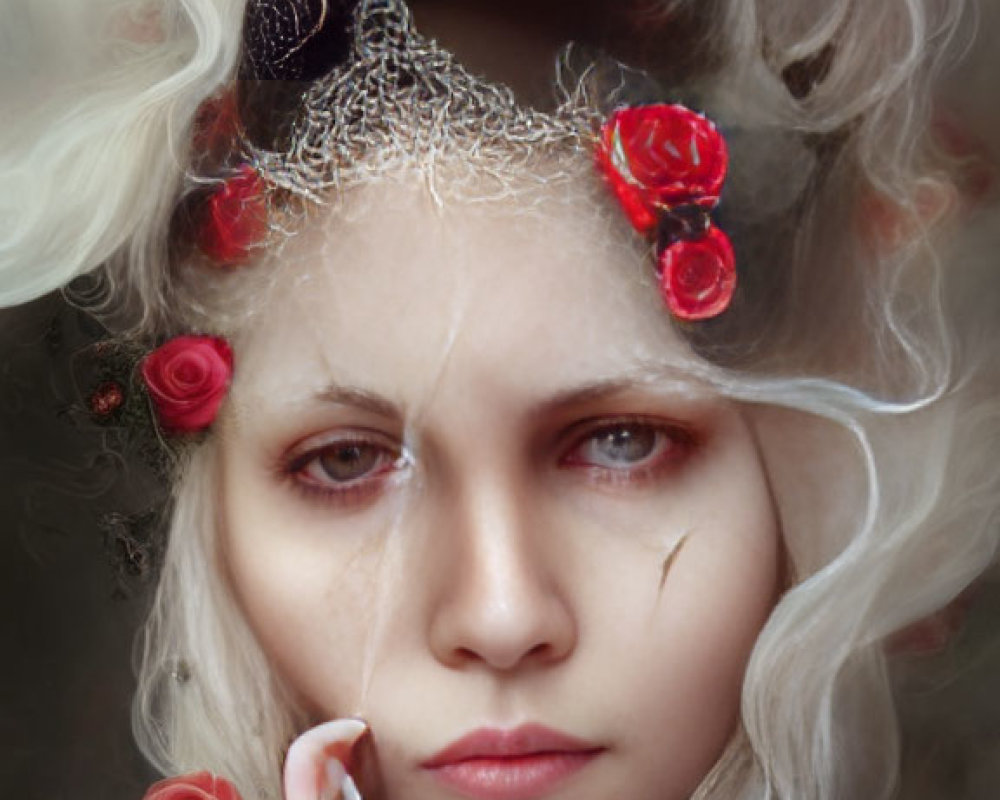 Surreal portrait of woman with superimposed younger face and rose crown