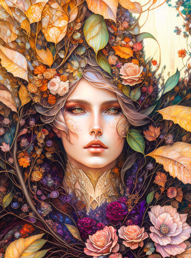 Fantastical woman illustration with floral motifs and rich colors