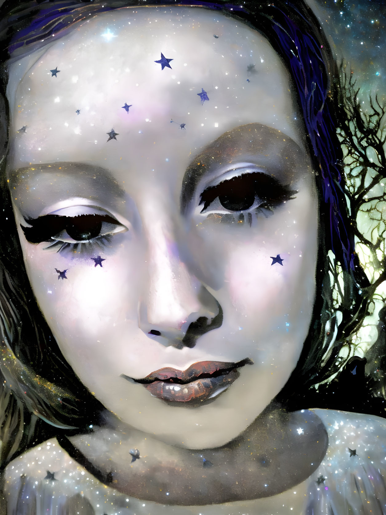 Cosmic-themed portrait with starry makeup and galaxy background