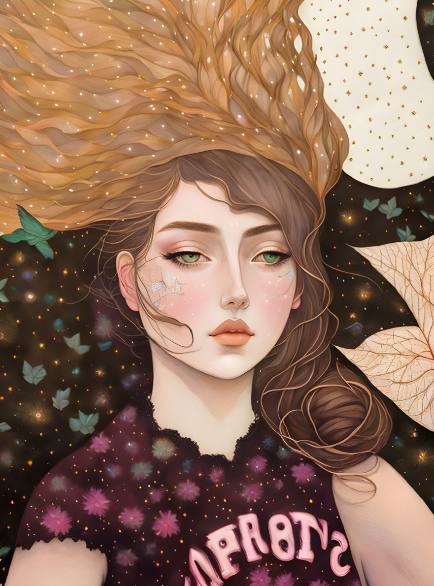 Woman with flowing hair, stars, leaves, and "Aphrodite" word illustration