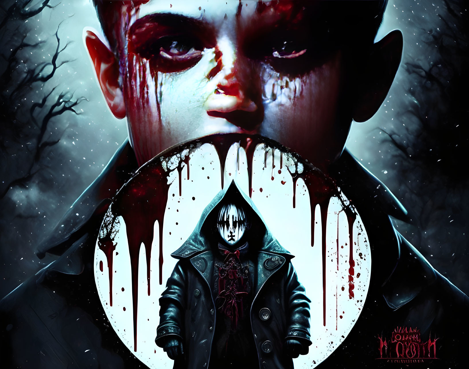 Gothic-themed artwork with menacing face, cloaked figure, and blood-red eyes