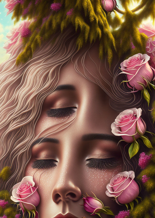 Serene woman surrounded by pink roses and green foliage