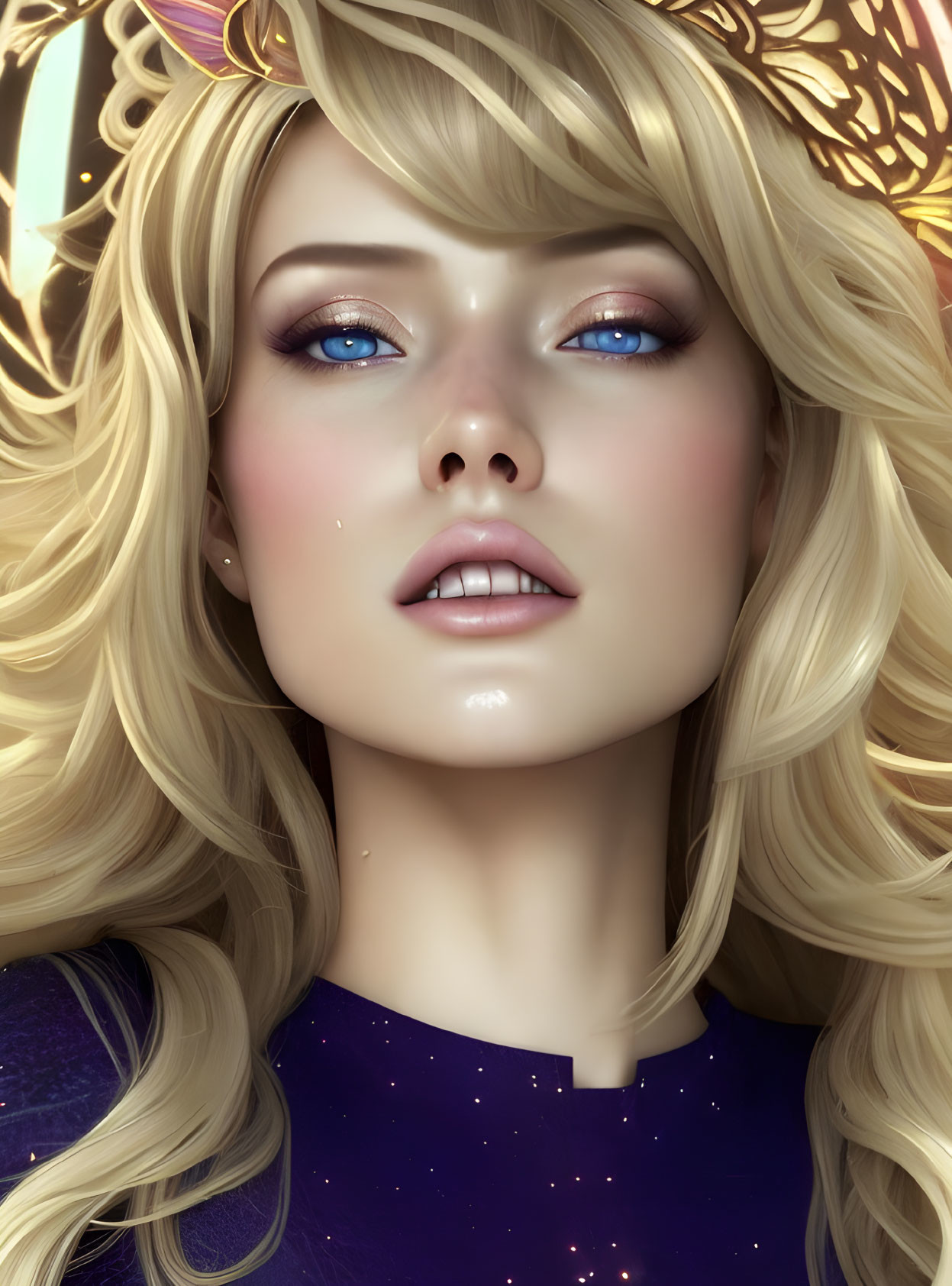 Portrait of female with golden hair, blue eyes, and cosmic backdrop