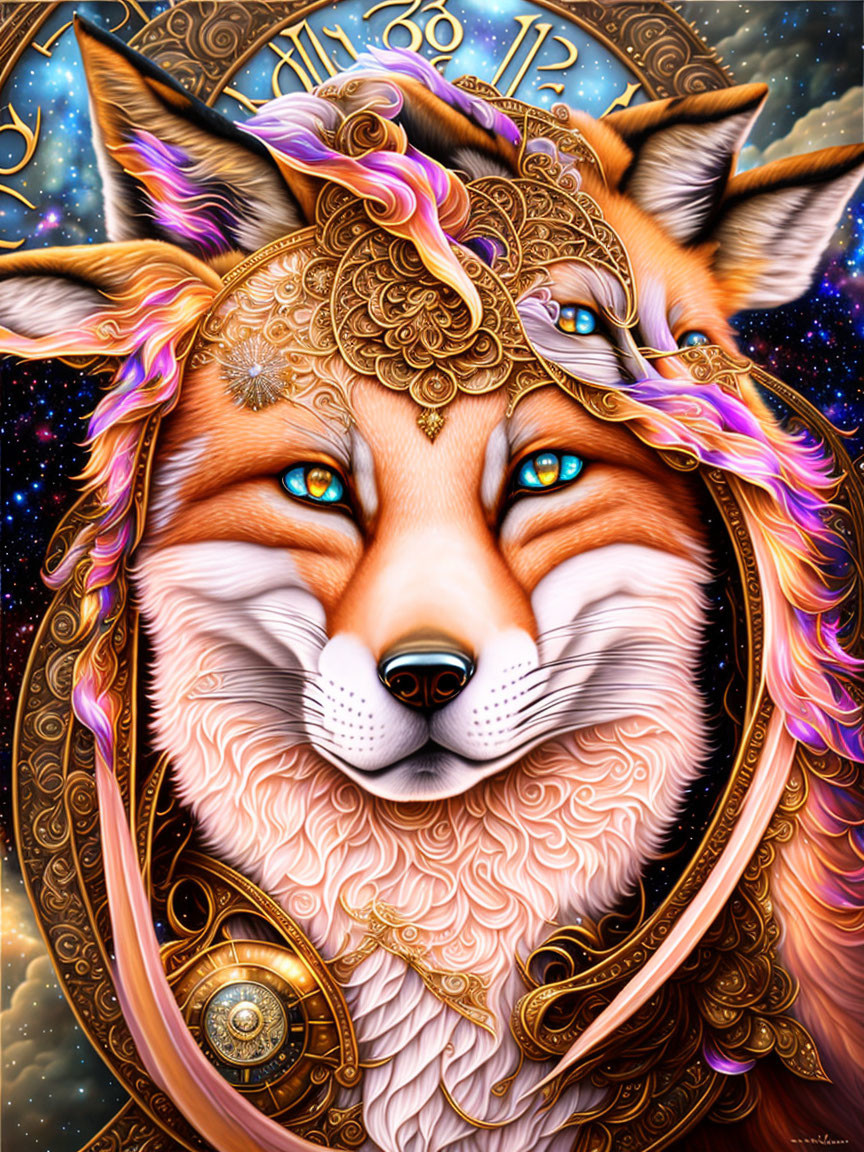 Colorful Fox Illustration with Zodiac Symbols and Cosmic Background