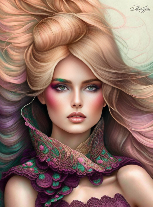 Vibrant digital artwork of woman with pastel hair and lace collar