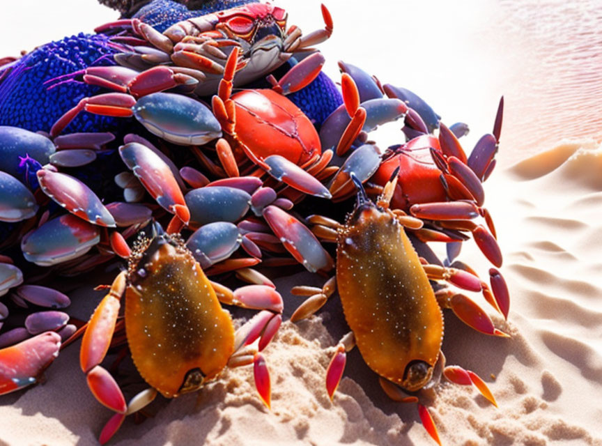 Colorful Sally Lightfoot Crabs on Textured Rock in Bright Sunlight