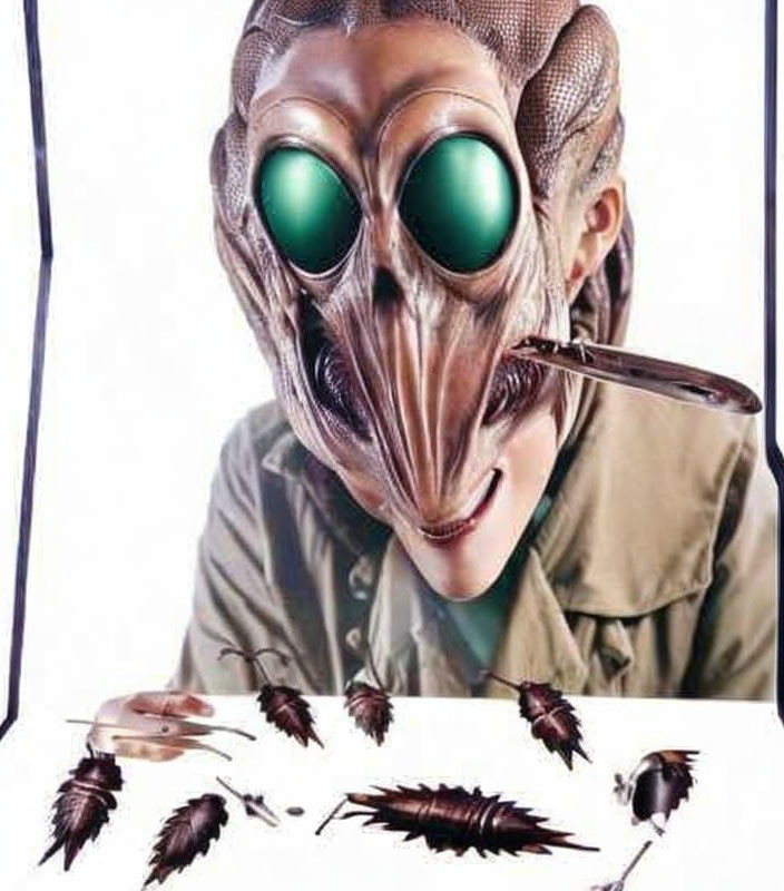 Large-eyed alien peers over desk with person reflection and scattered cockroaches