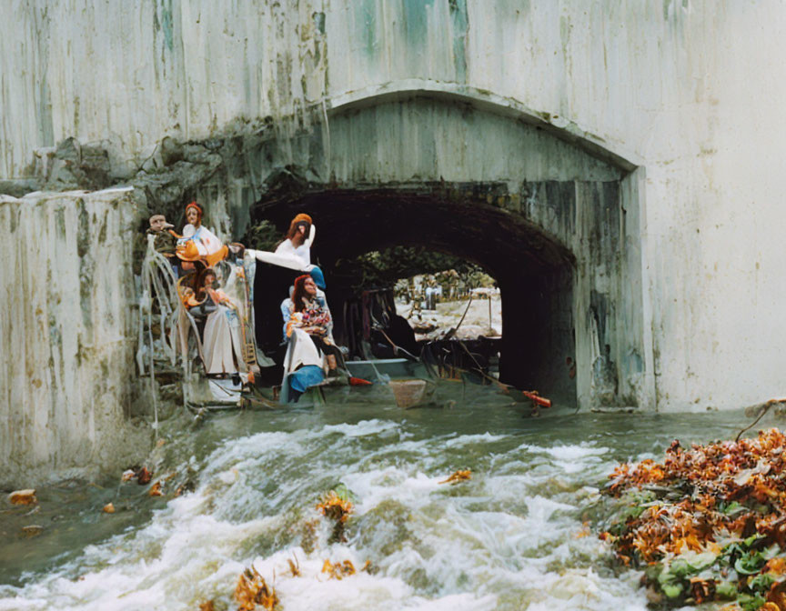 Autumn scene: People sitting by stream under bridge with household items amid fallen leaves