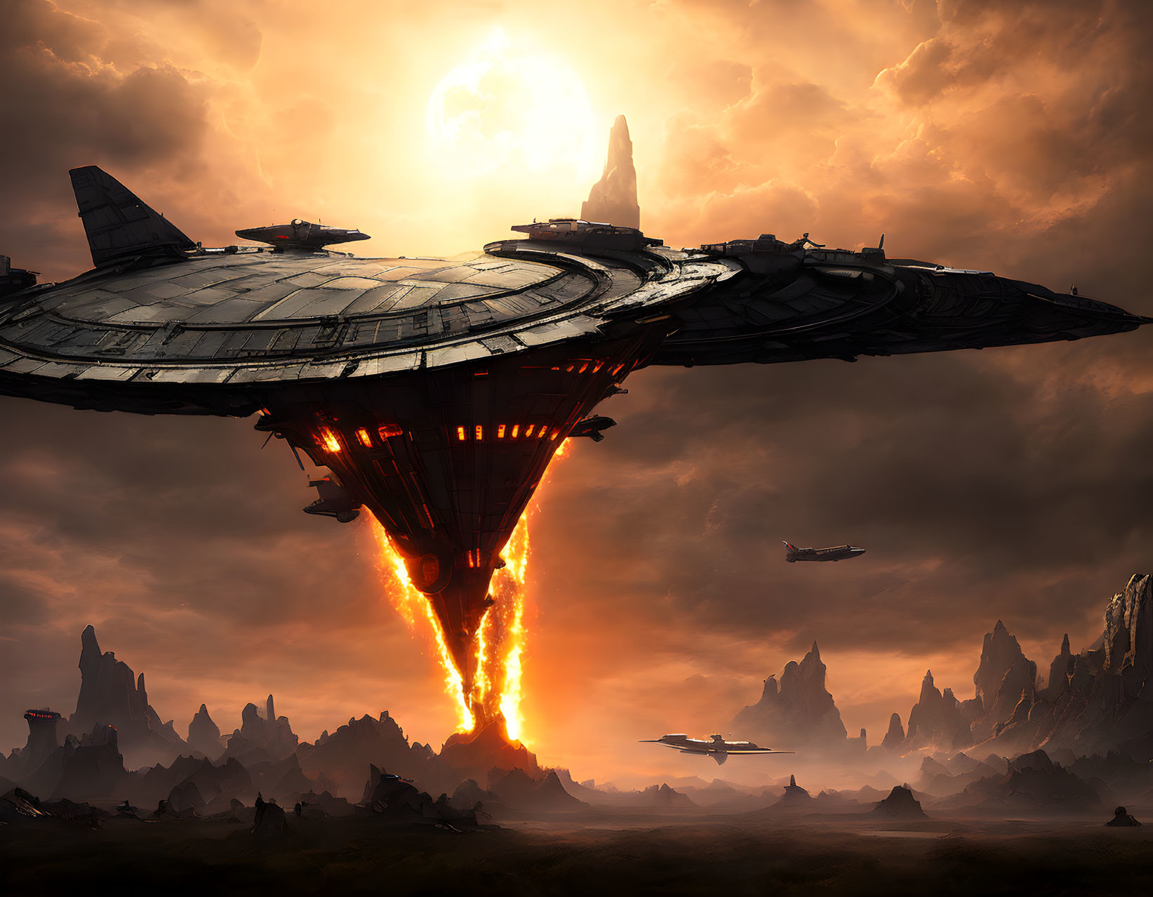 Gigantic spaceship with fiery thrusters over alien landscape