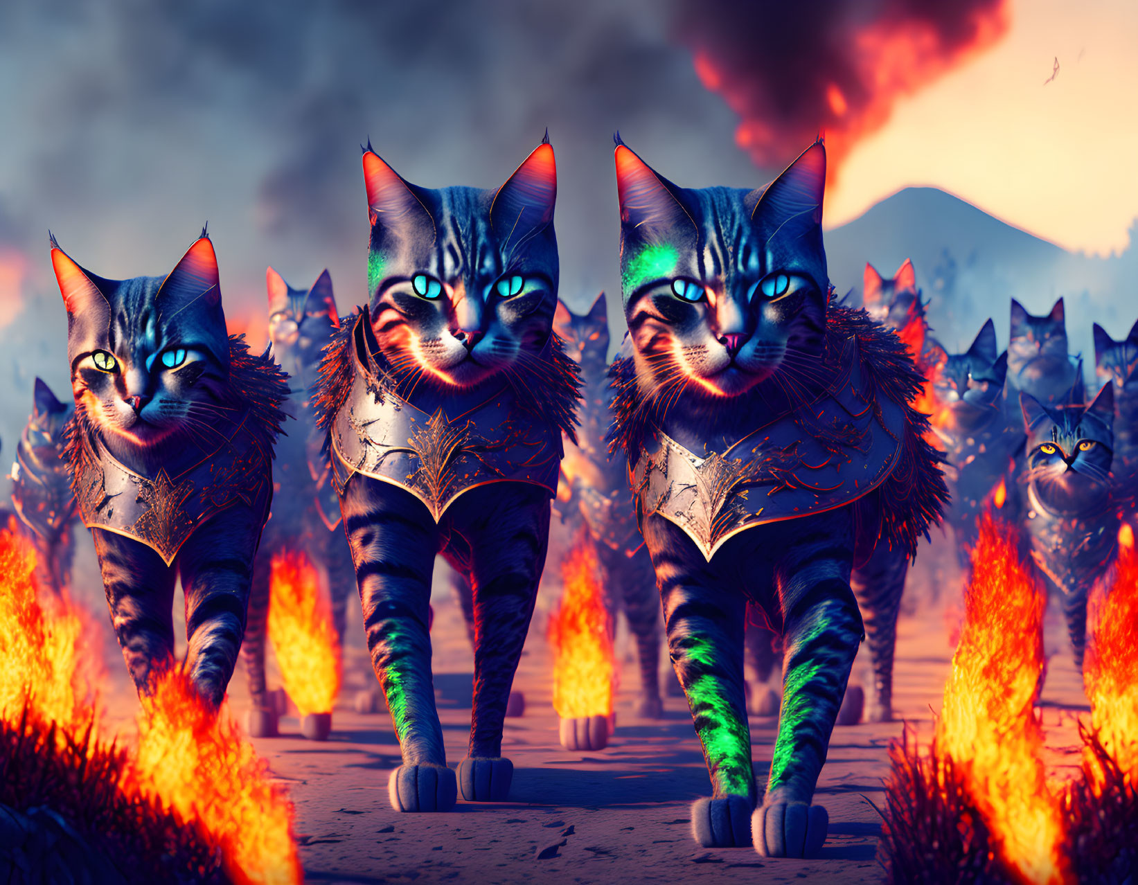 Armored cats with blue eyes in fiery battle scene