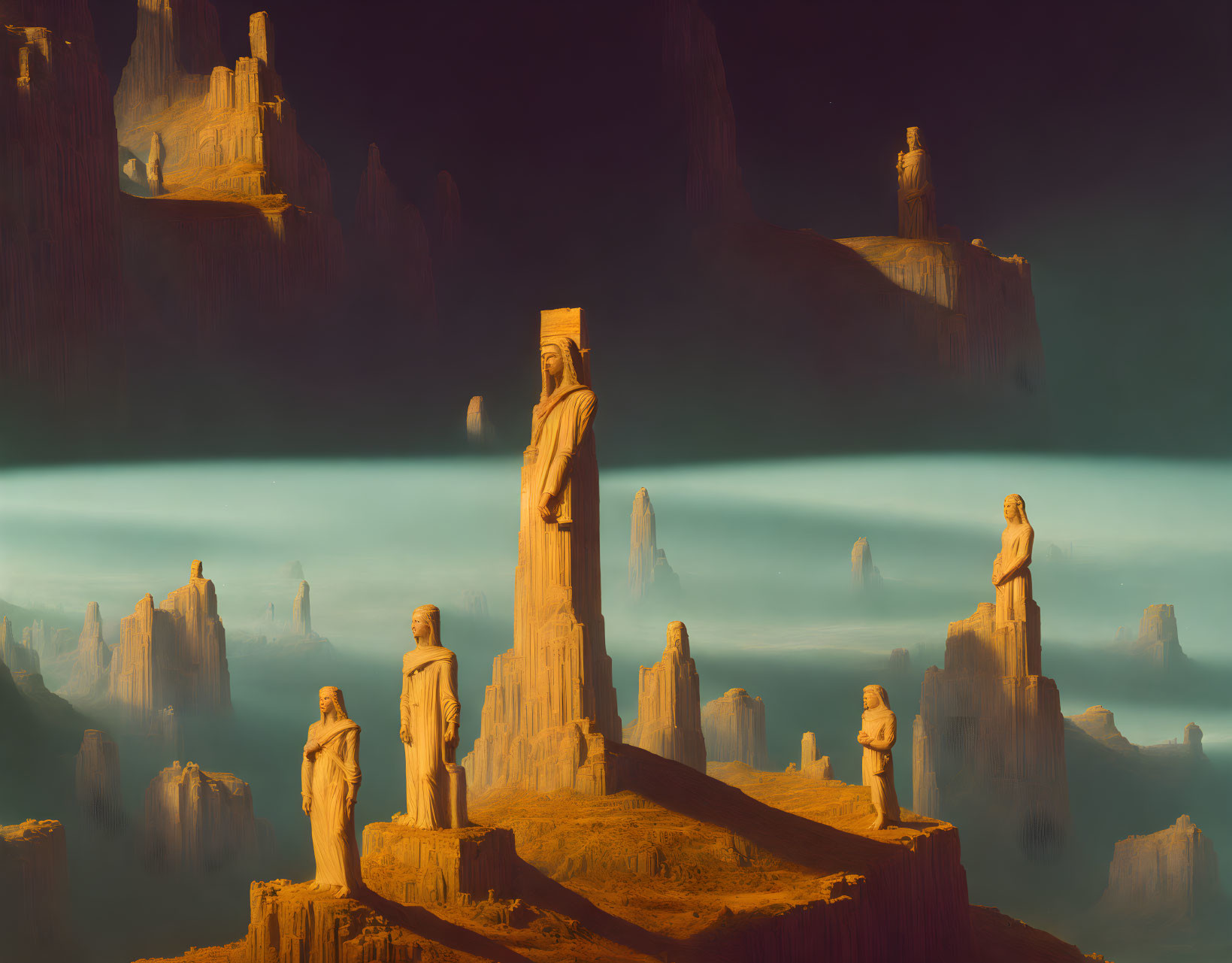 Surreal landscape with towering rock formations and robed statues in misty setting