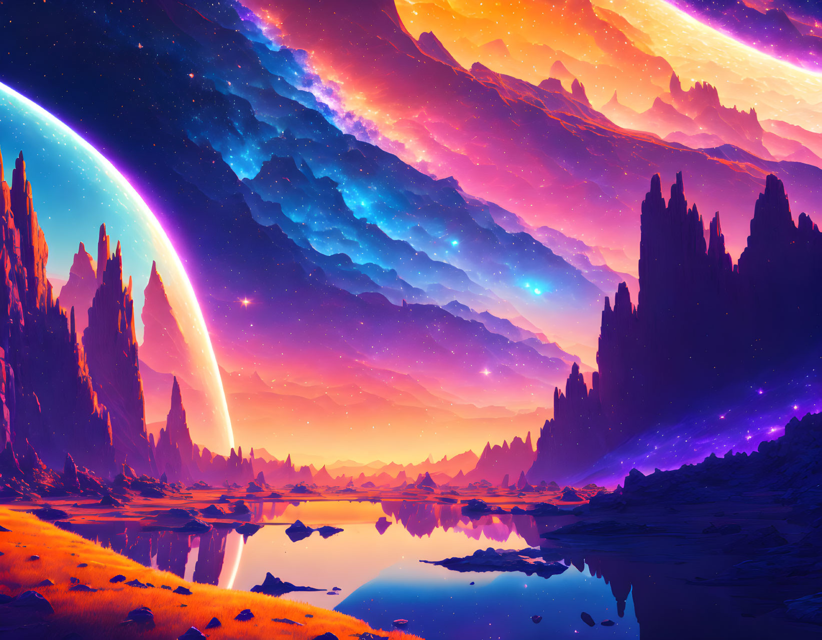 Colorful rocky formations, serene lake, cosmic sky with planets