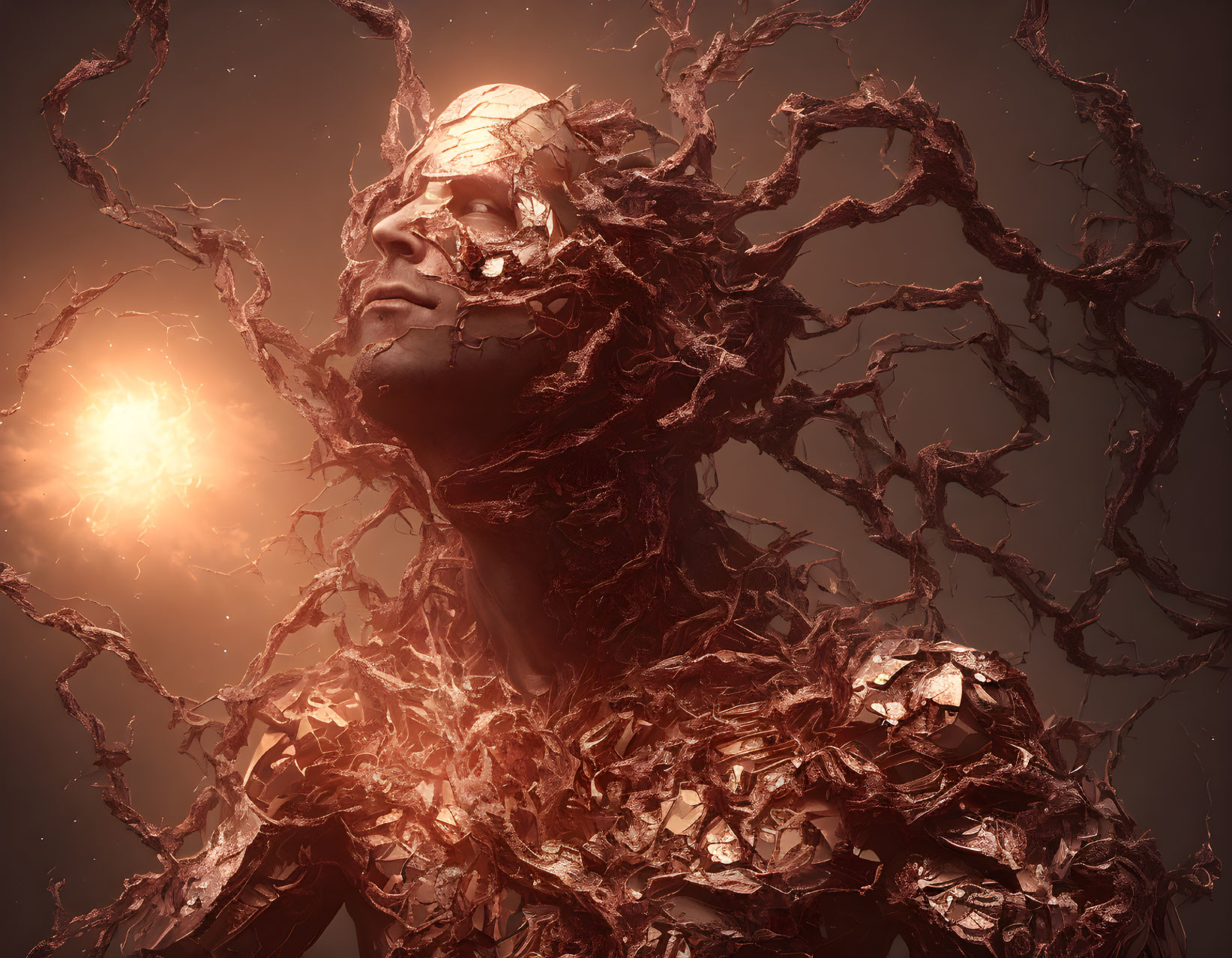 Digital artwork: humanoid form with branch-like texture, gazing at light on earthy background