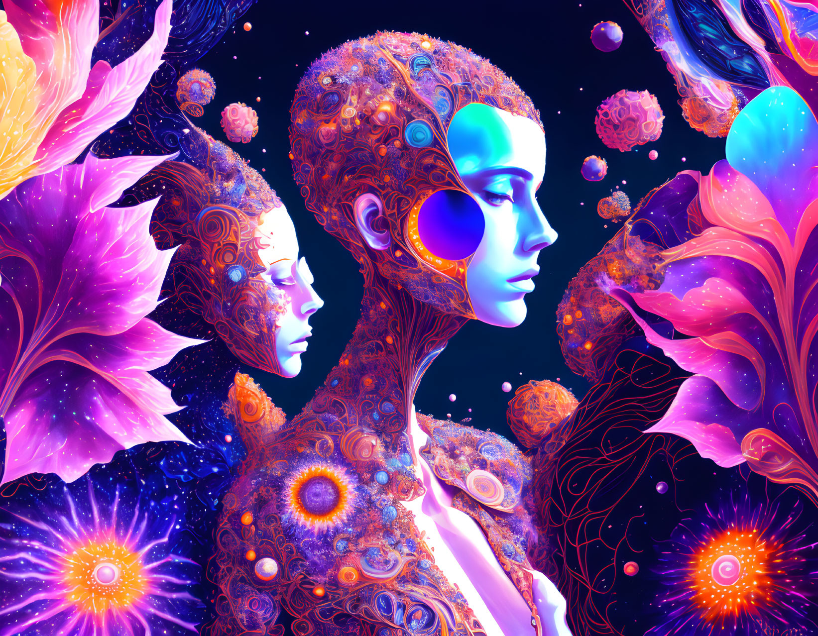 Colorful digital artwork: humanoid profiles, cosmic and floral patterns, starry space.