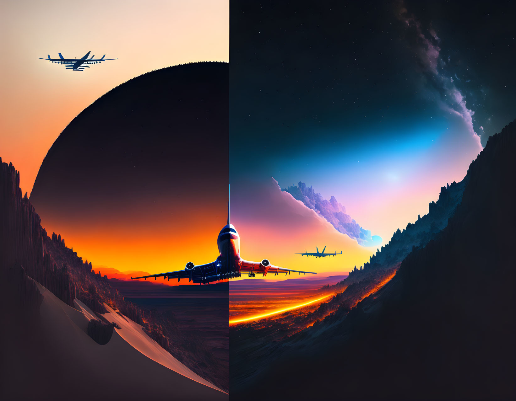 Split-scene digital artwork: planes over desert at sunset and starry sky over mountains