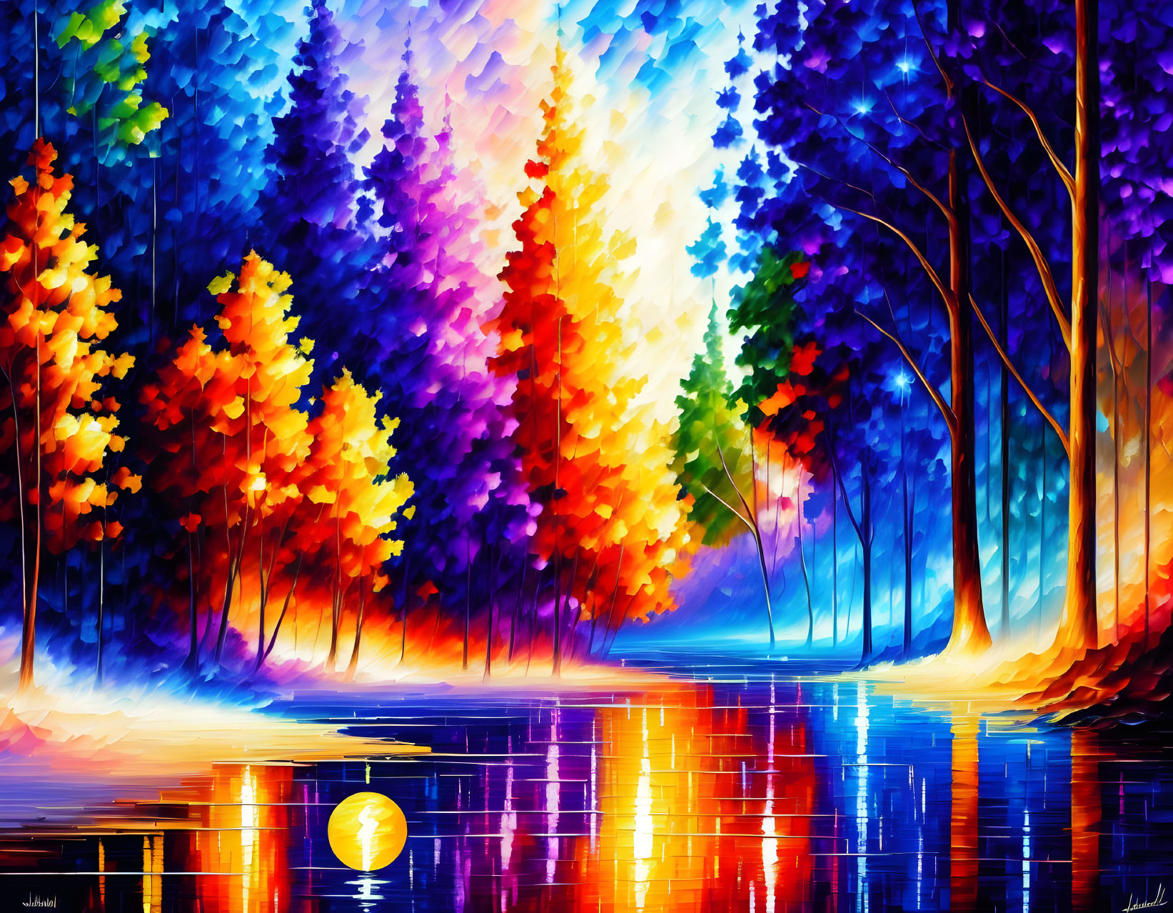 Vivid forest painting with blue, purple, and orange trees by water