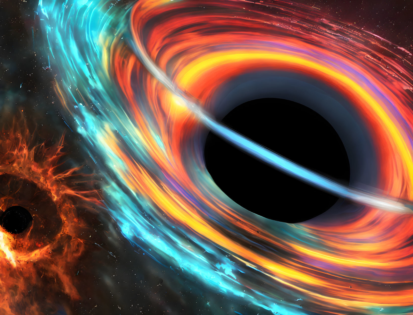 Colorful Black Hole Illustration with Accretion Disk and Cosmic Jets