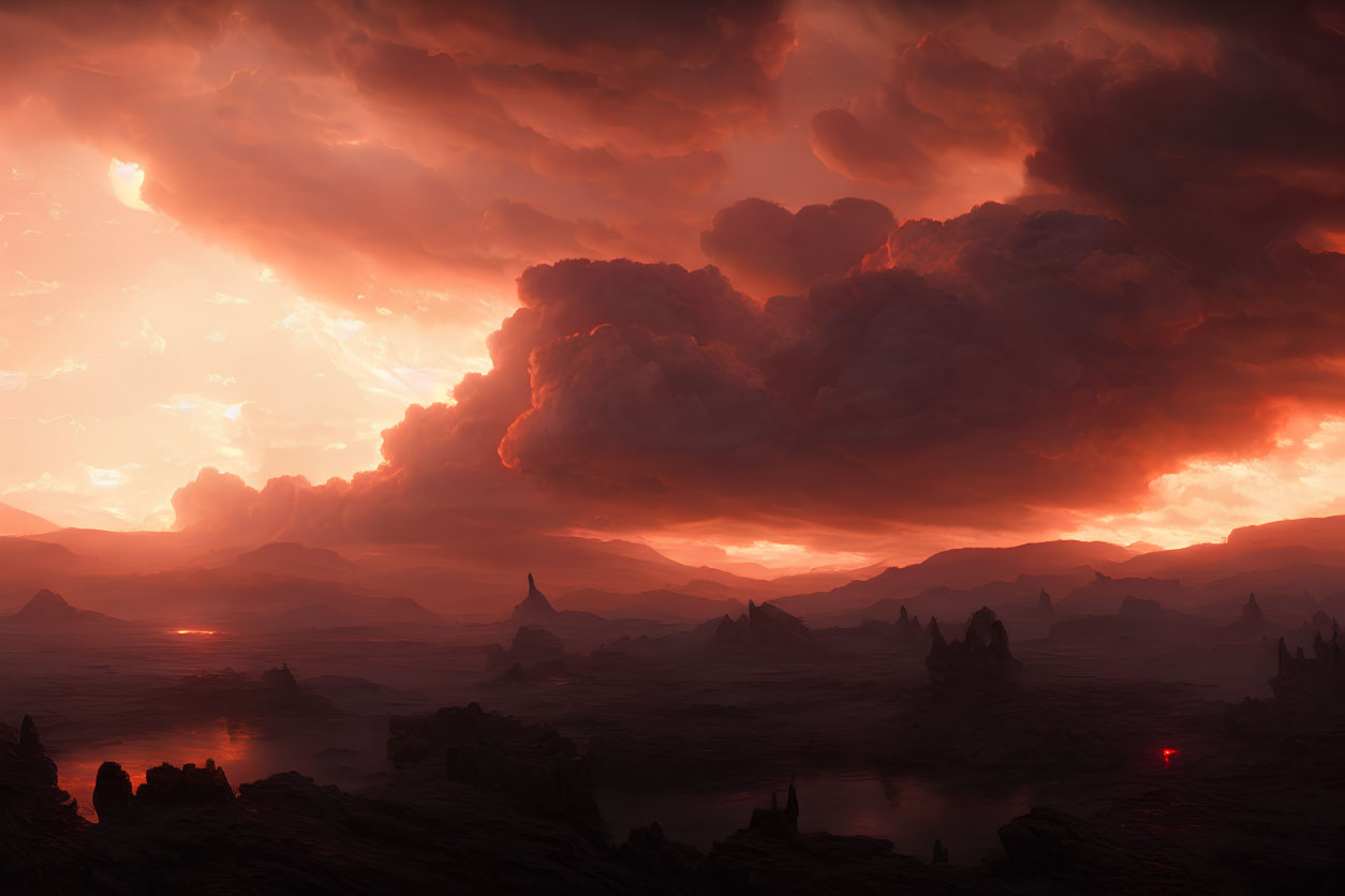 Apocalyptic landscape with fiery skies and desolate terrain