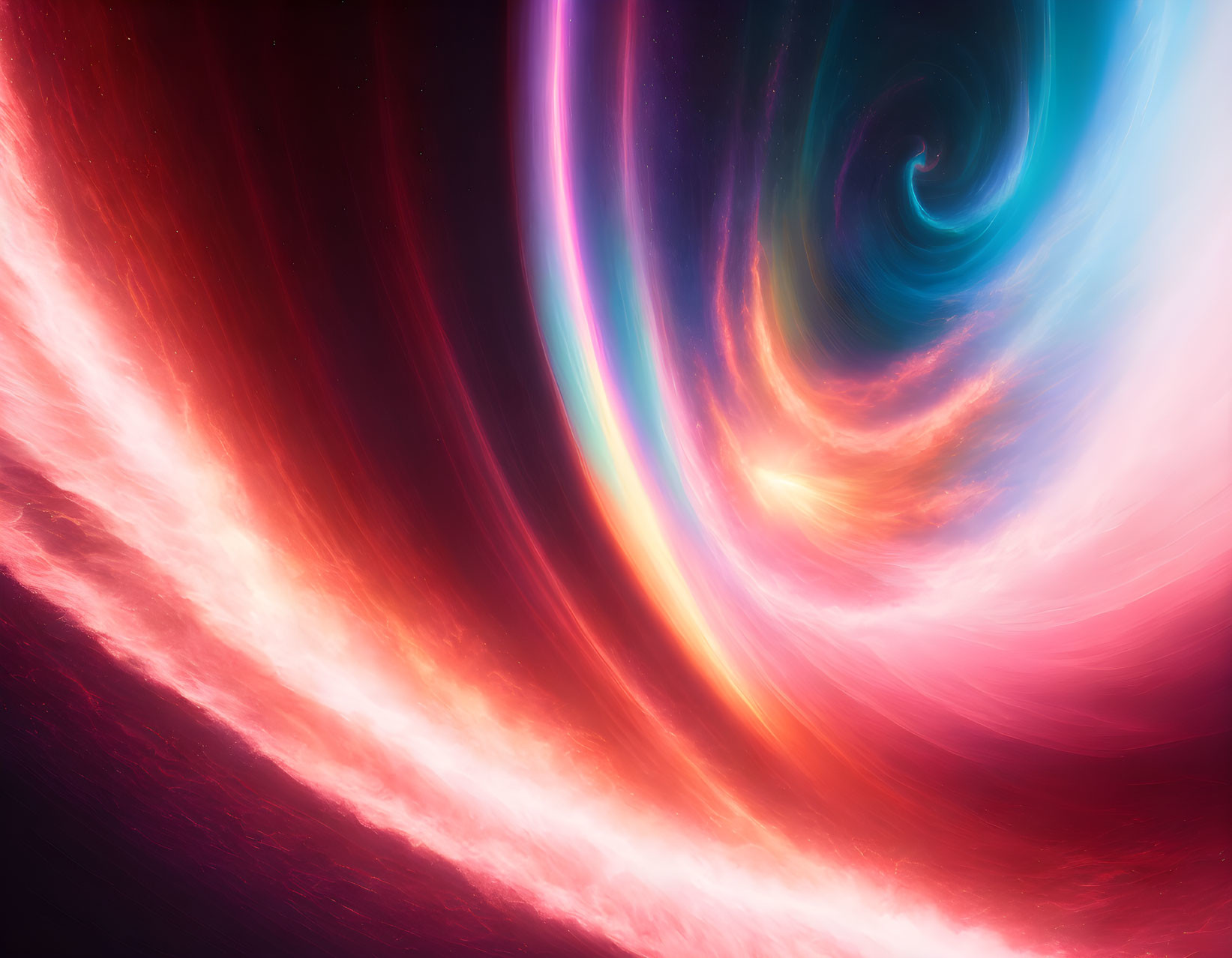 Colorful swirling cosmic vortex artwork in pink, red, and blue hues