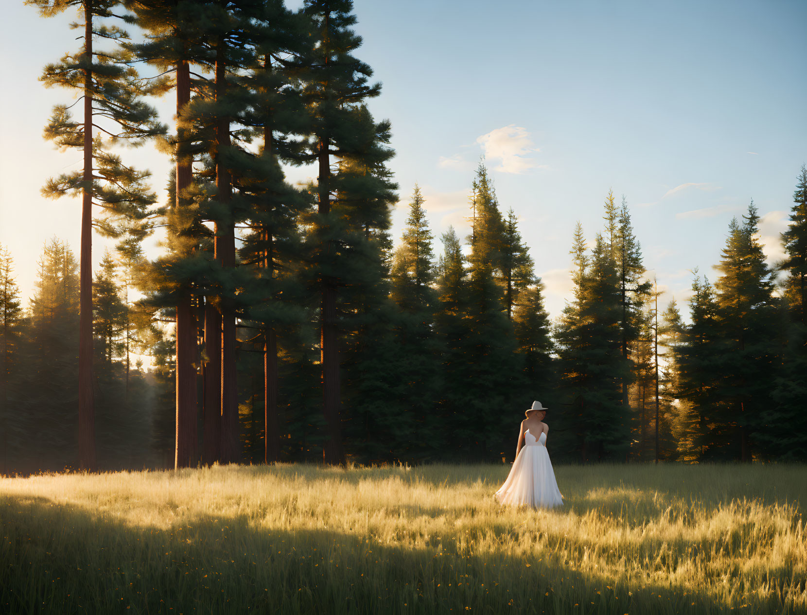 Woman in White Dress and Hat in Sunlit Forest Clearing