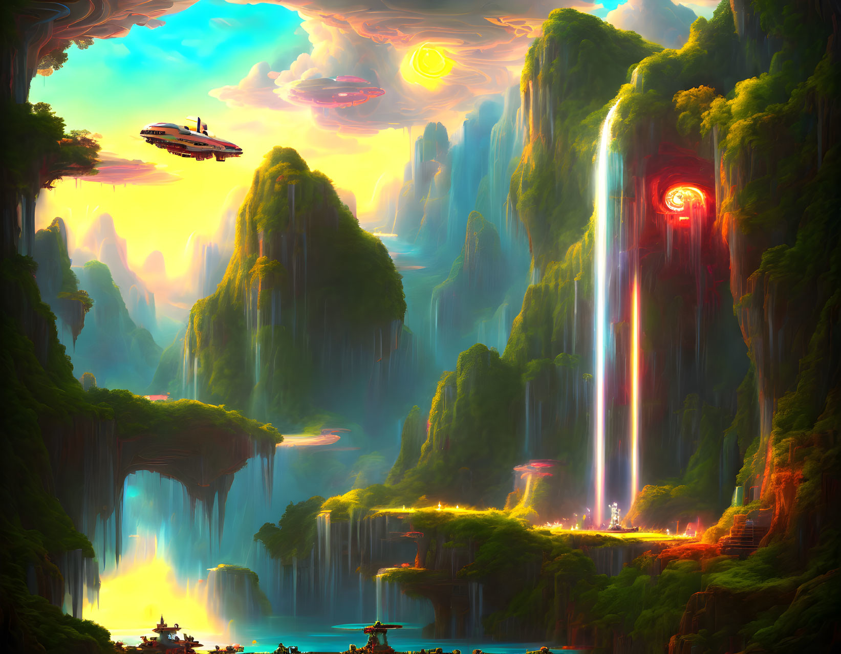 Futuristic sci-fi landscape with floating islands, spaceship, and portal beam