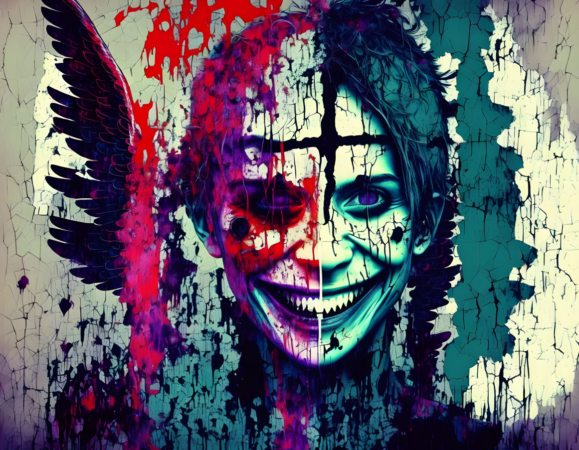 Vibrant grungy graphic: Stylized face with Joker-like smile, splattered red