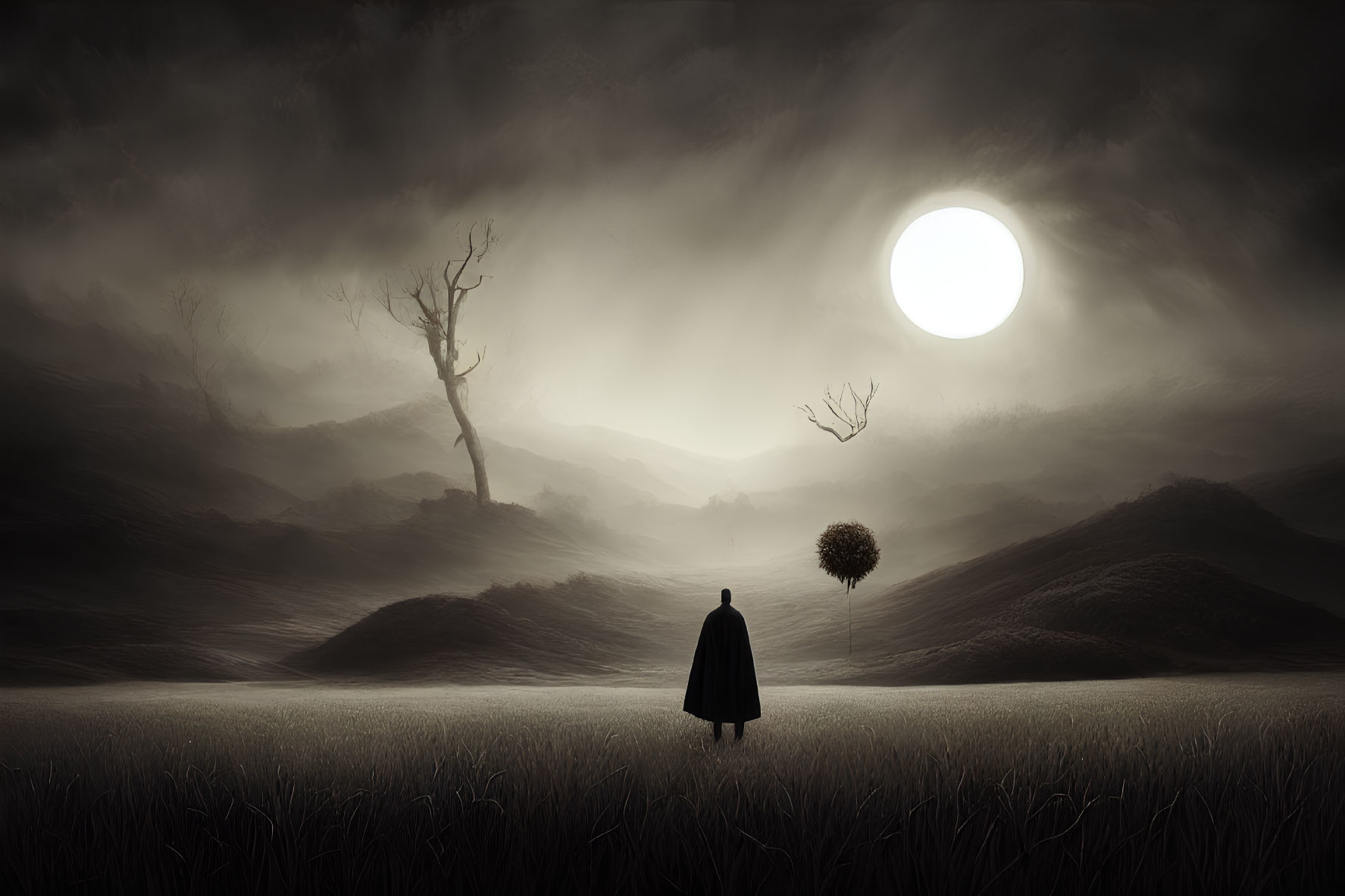 Solitary Figure in Dark Landscape with Moon and Barren Hills