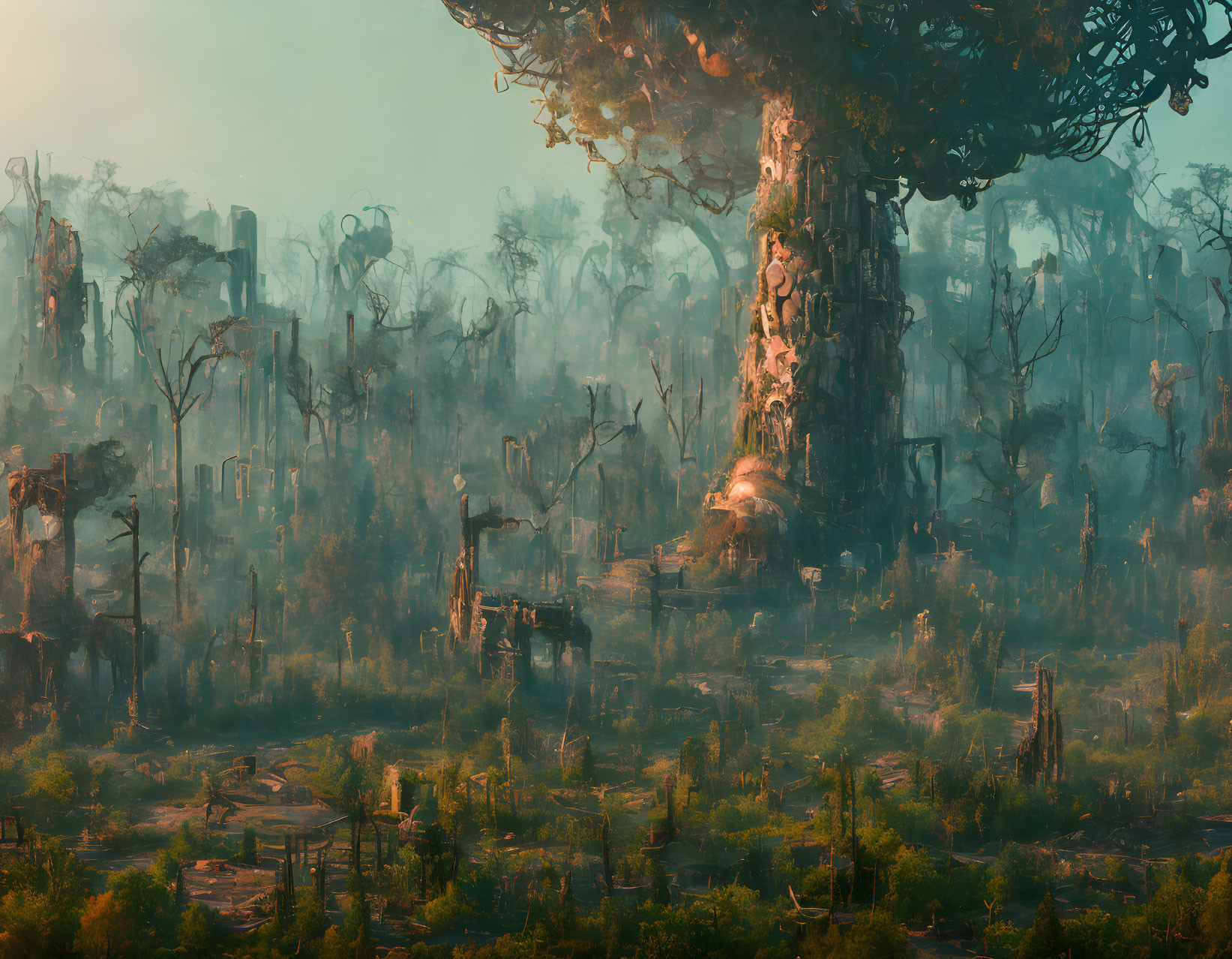 Majestic forest scene with giant tree and ancient ruins