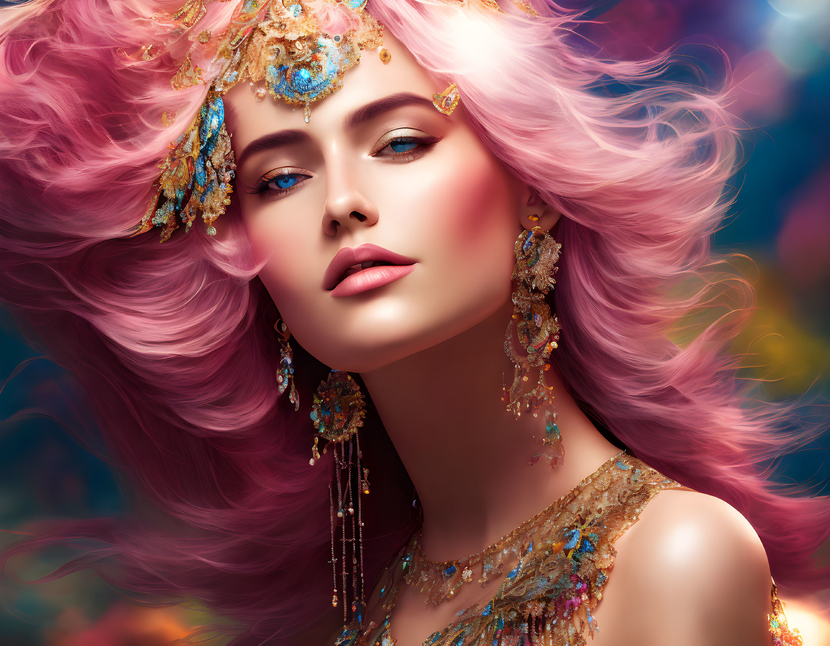 Portrait of woman with pink hair, golden headpiece, and elegant makeup