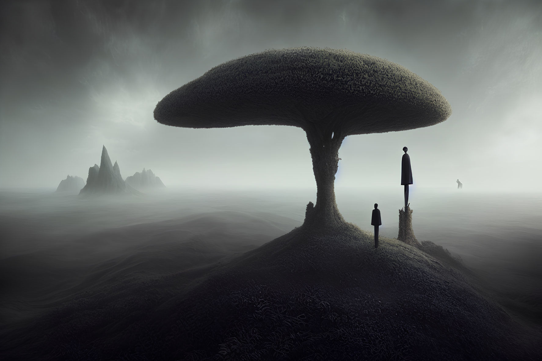 Surreal landscape with figures under massive mushroom tree