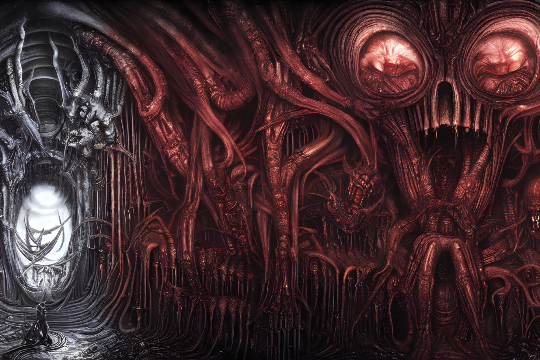 Intricate biomechanical landscape with alien-like shapes