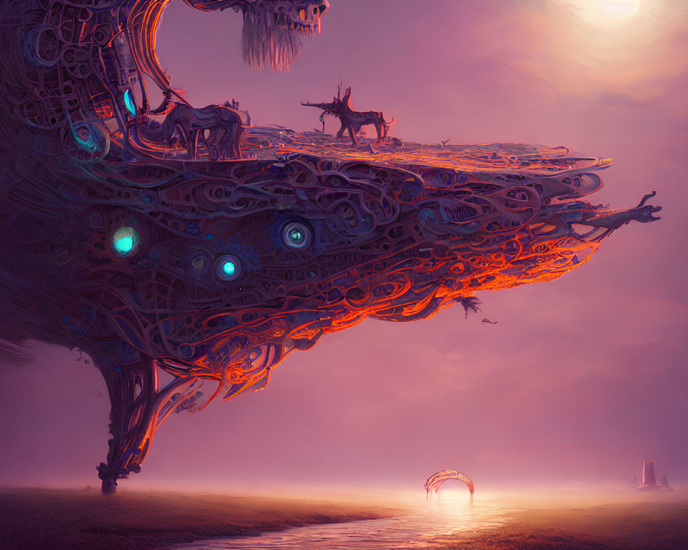 Surreal landscape with floating structure, glowing orbs, deer, and purple-hued background