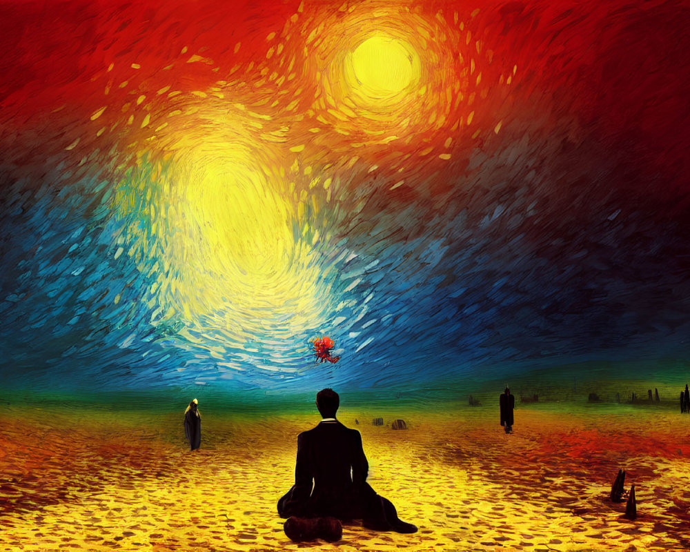 Impressionistic painting of person on sandy ground with figures and psychedelic sky