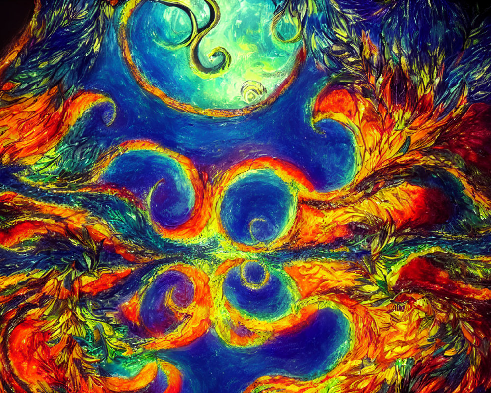 Vibrant Abstract Fractal Art: Blue, Orange, and Yellow Swirls with Teal