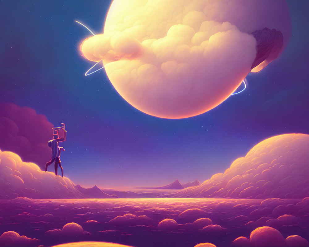 Person on stilts walks among clouds under surreal sky with large planet and shooting stars