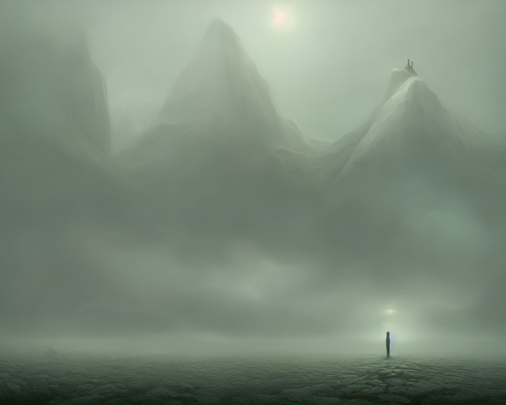 Misty landscape with cracked ground, lone figure, mountains, and dim sun