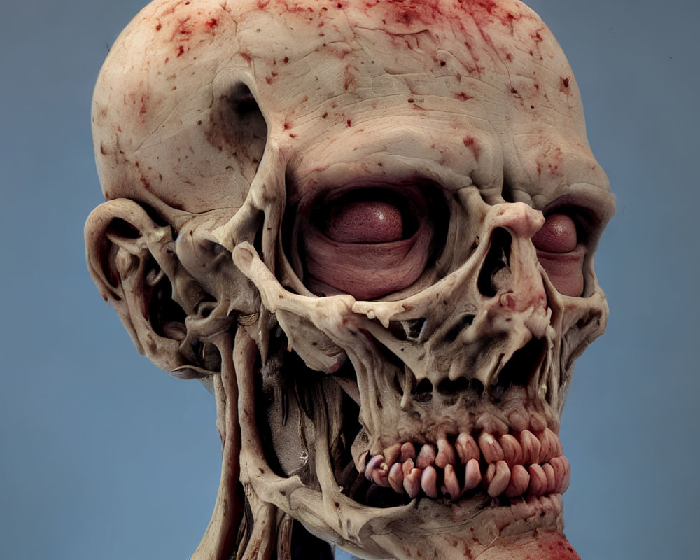 Detailed Gruesome Creature Head Model on Blue Background